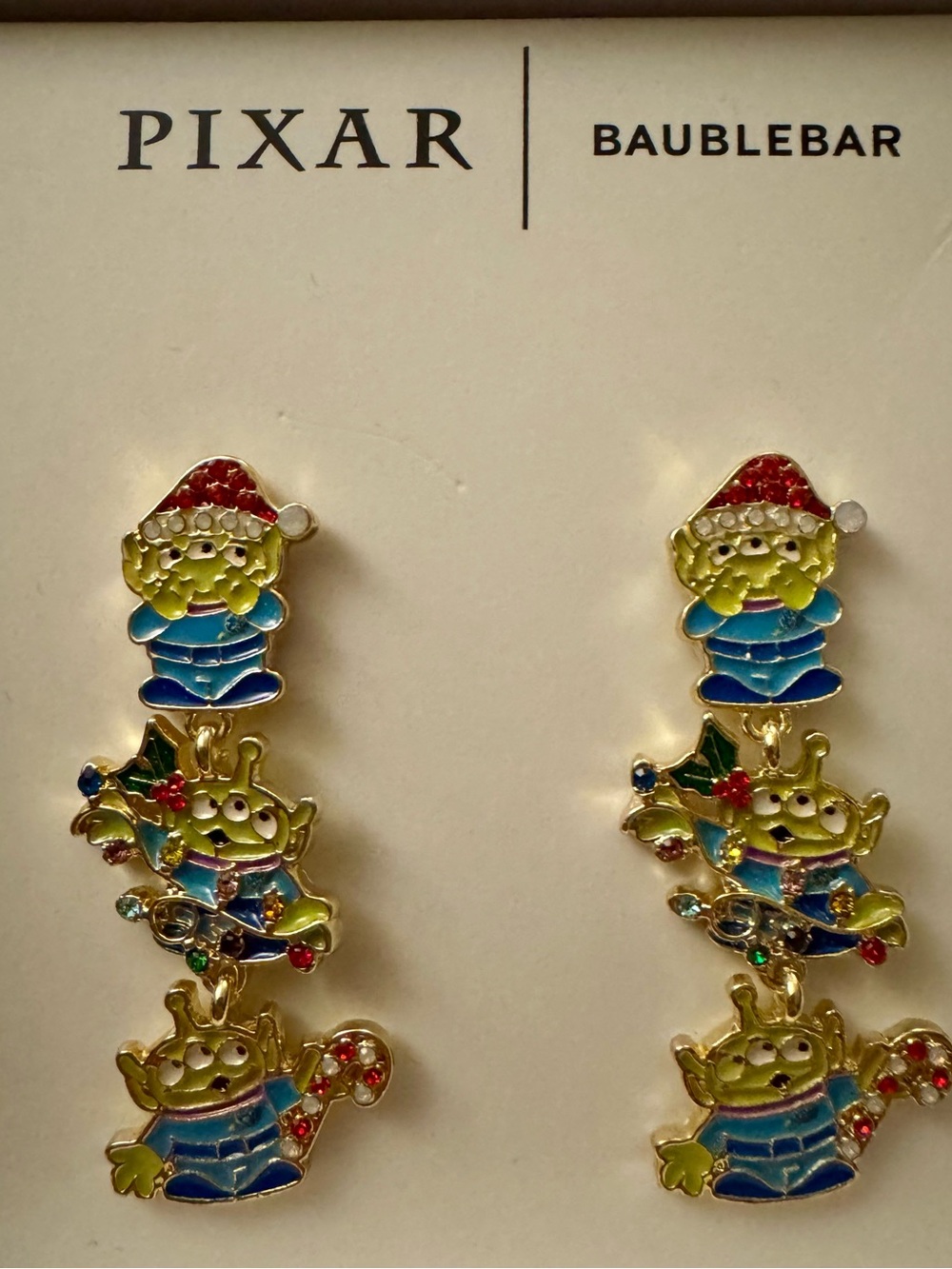 BaubleBar Pixar Alien Holiday Drop Earrings - Green/Blue/Red/Gold